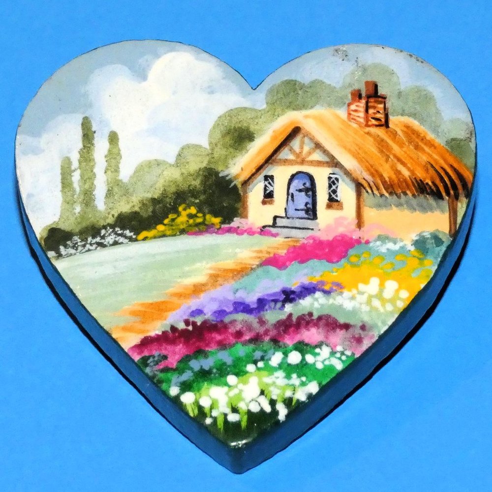 Vintage Hand Painted Landscape Heart Brooch Pin House Garden Artisan Signed V.R.